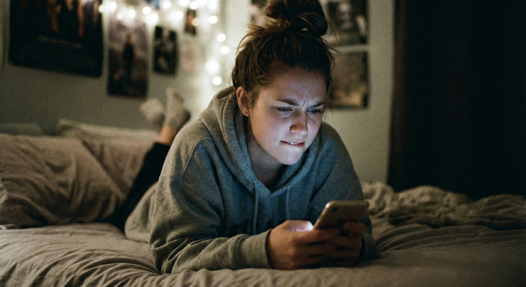 Ragazza confusa che guarda il telefono analizzando messaggi ambigui