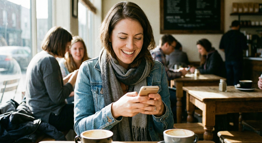 Donna sorridente e rilassata che guarda lo smartphone in un caffè, sentendosi sicura